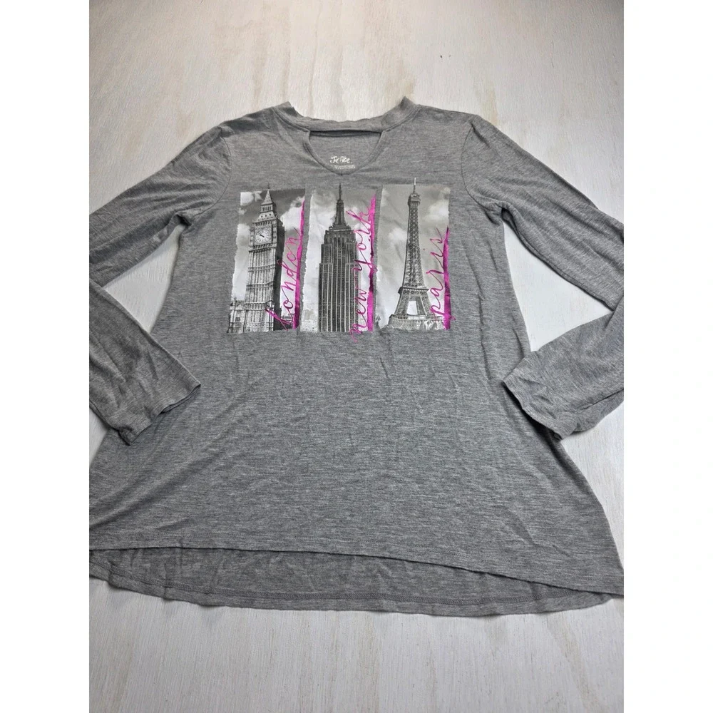 Justice Girls Gray Long Sleeve Graphic Tee London NY Paris Cutout Neck Size 14